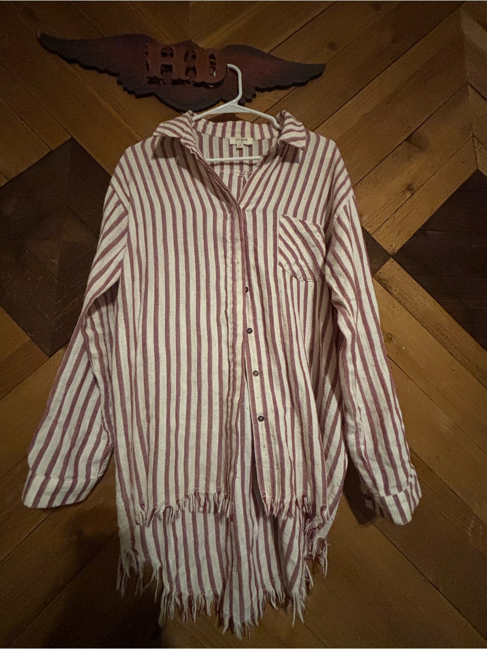 Umgee Cream and Pink Striped Button-Down Shirt with Fringe Hem